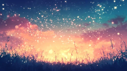 Starry Night Field Scenery