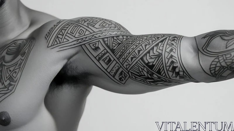 Detailed Geometric Arm Tattoo in Black and Grey