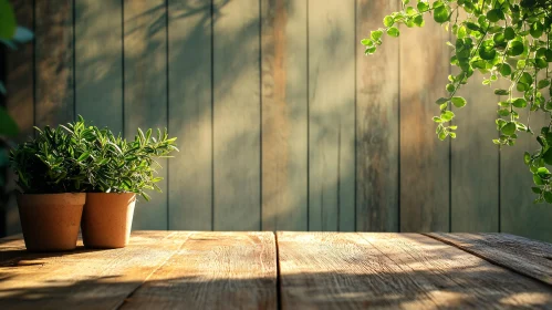 Still Life with Plants on Wooden Table