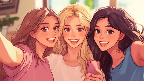 Three Smiling Girls Posing for Selfie