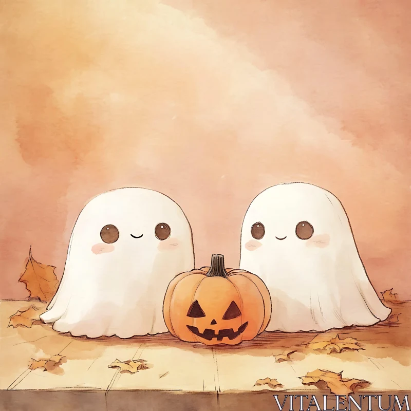 AI ART Cute Halloween Ghosts Watercolor Painting