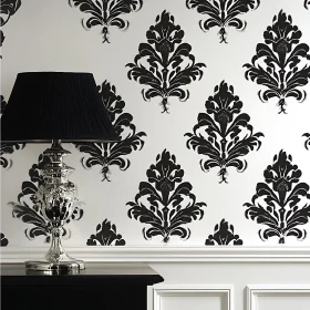 Monochrome Interior with Damask Wallpaper and Lamp