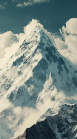 Towering Mountain Summit in Cloudy Sky