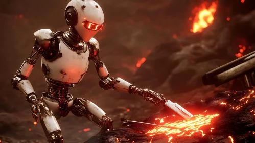Futuristic Robot Amidst Lava