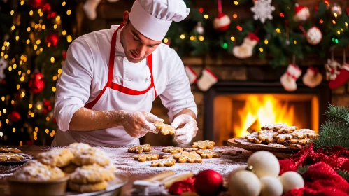 Chef Baking Christmas Cookies by Fireplace