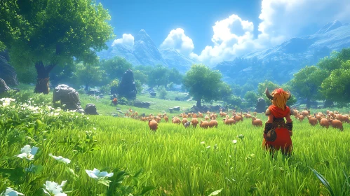 Pastoral Meadow with Character and Animals