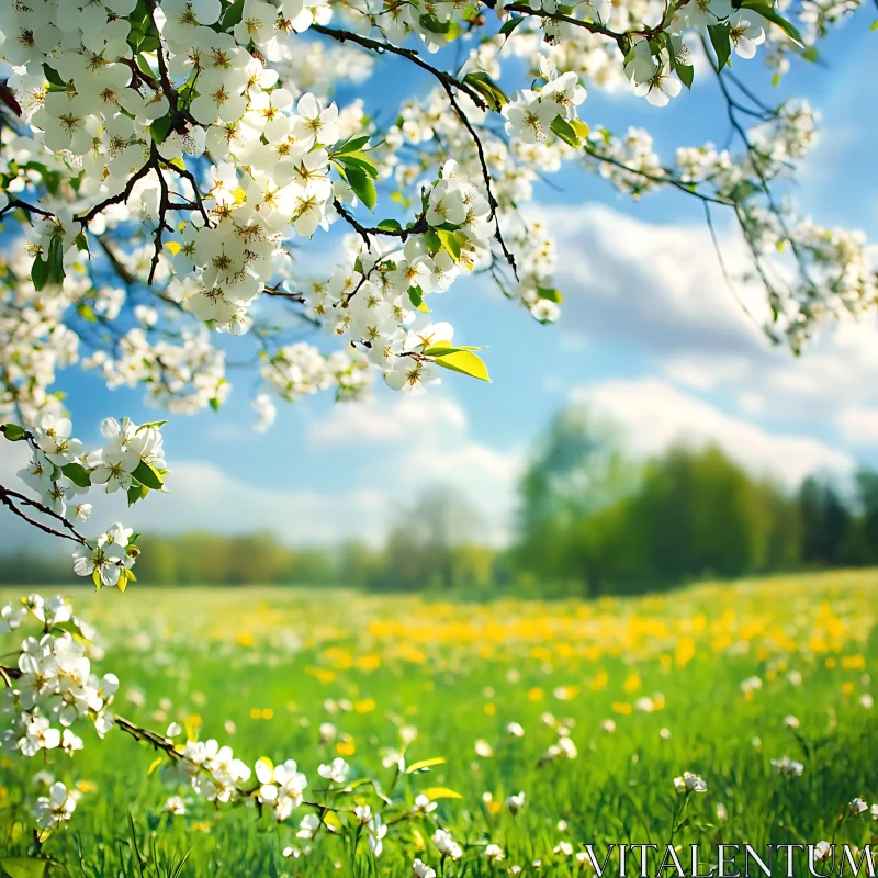 White Blossoms Over Green Field