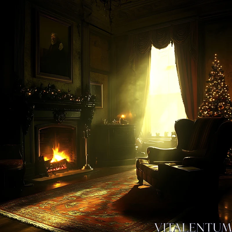 Festive Interior with Fireplace and Christmas Tree