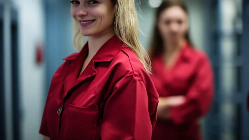 Smiling Woman in Red Uniform