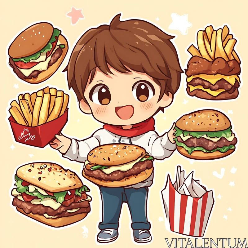 Happy Cartoon Kid with Fast Food AI Image