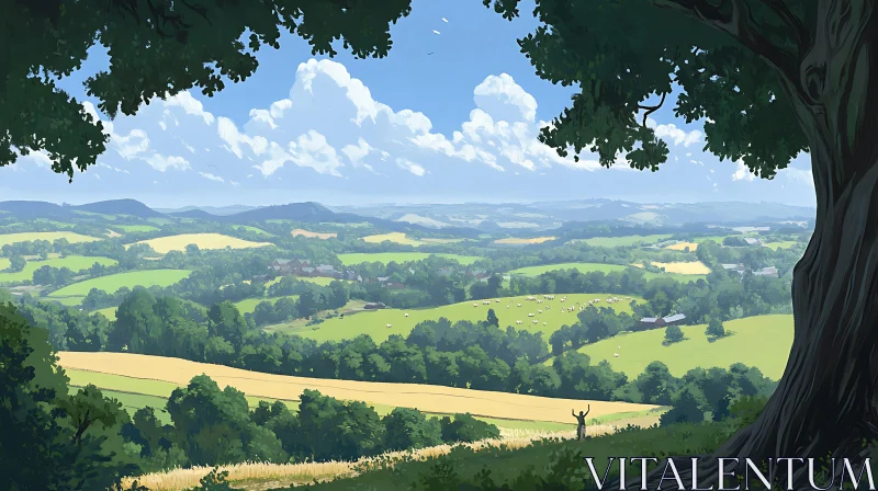 Green Fields and Distant Hills Landscape Art