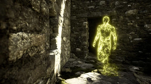 Glowing Man in Old Stone Building