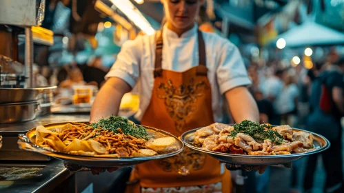 Chef at Street Market with Plates of Cuisine