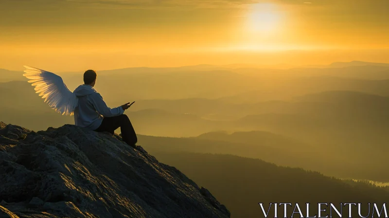 Winged Figure Contemplates Sunset