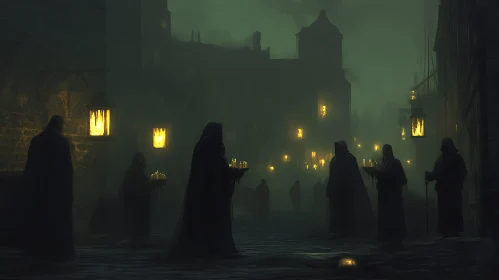 Candlelit Procession in the Misty Dark