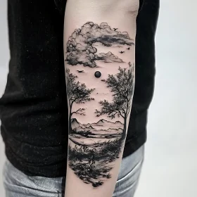 Forearm Tattoo with Detailed Nature Scene