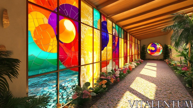 Sunlit Hallway with Stained Glass Art