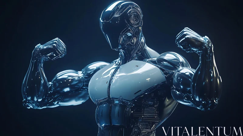 Futuristic Metallic Cyborg Demonstrating Strength