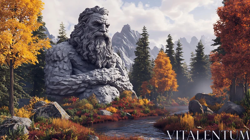 Autumn Landscape with Stone Statue