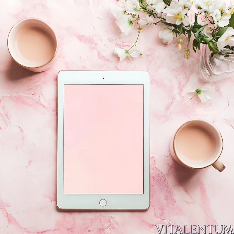 Pink Marble Tablet and Floral Arrangement