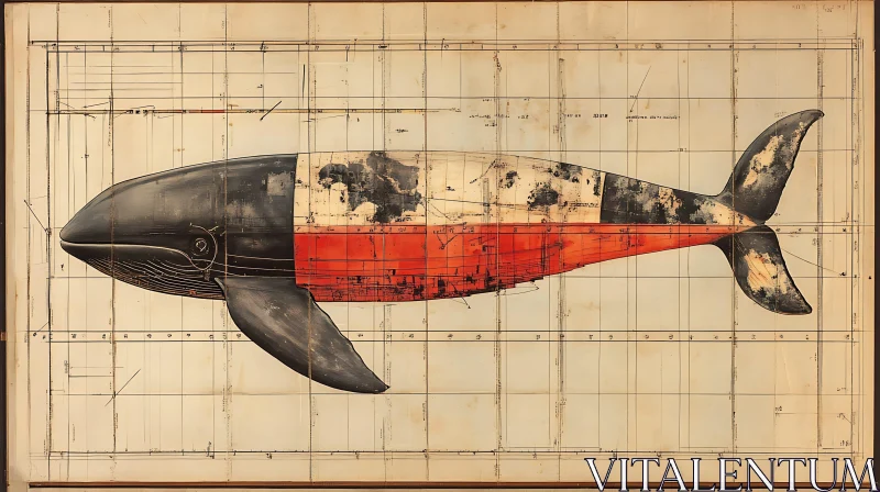 Technical Whale Drawing with Red Accents