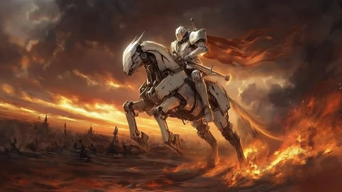 Post-Apocalyptic Warrior on Robot Horse Amidst Flames