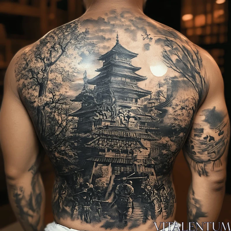 Detailed Japanese Temple and Samurai Back Tattoo Art
