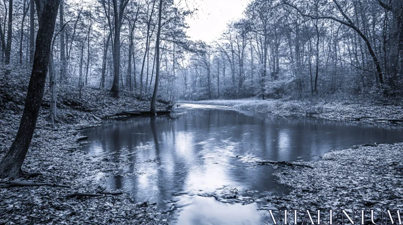 Serene Monochrome River with Forest Reflection