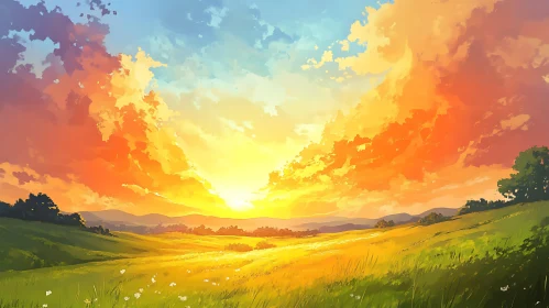 Golden Sunset Meadow Scenery