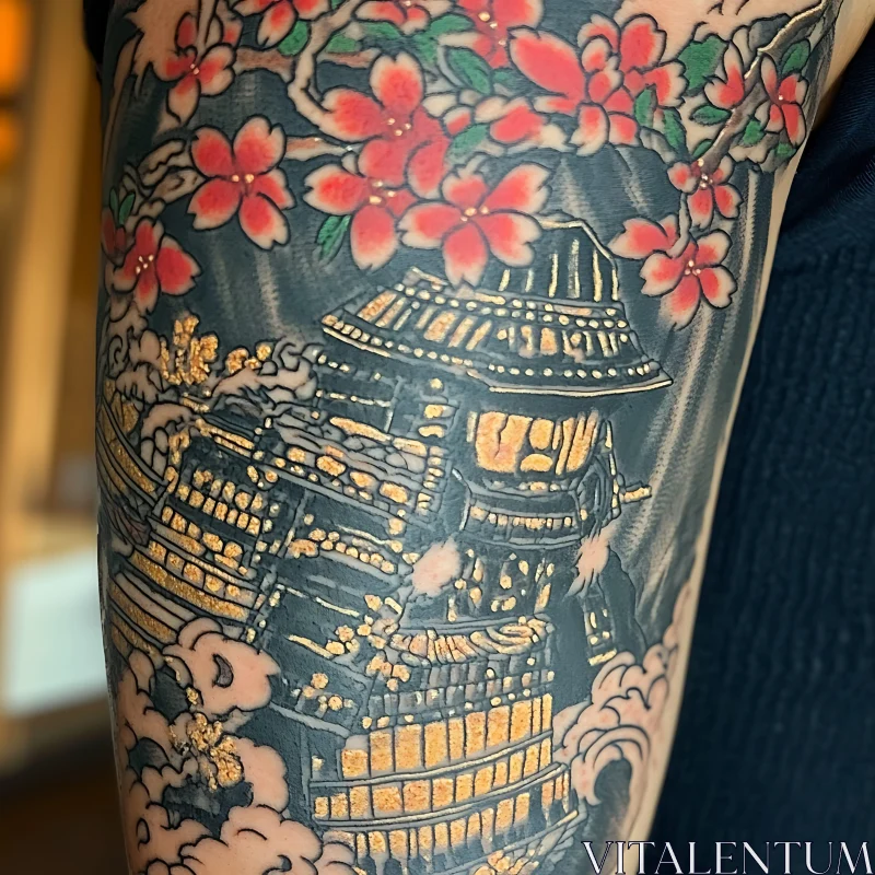 Japanese Temple Tattoo with Floral Accents