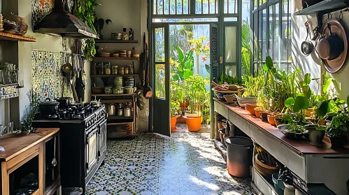 Sun-Drenched Vintage Kitchen with Green Plants