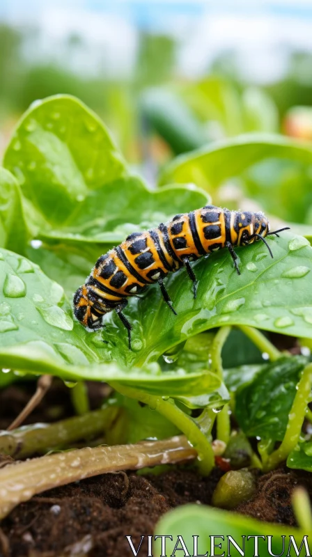 Boldly Coloured Striped Caterpillar on Leaf AI Image