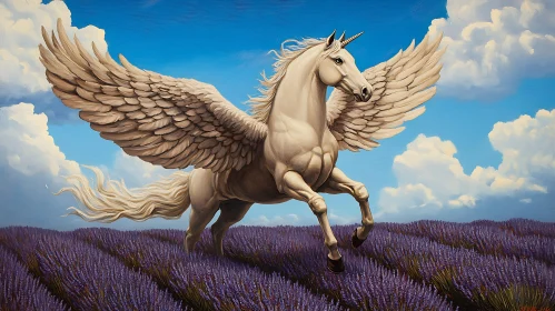 Pegasus Unicorn Over Lavender Flowers