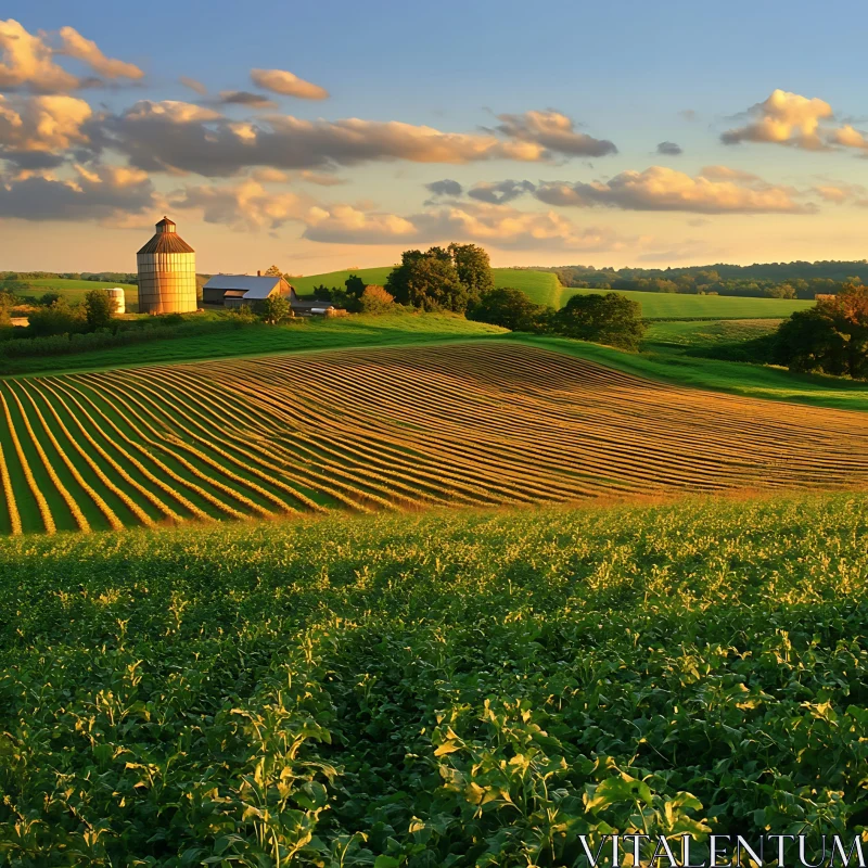 Rural Farmland Scenery with Crops and Silo