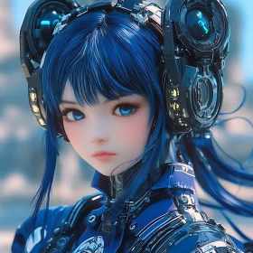 Futuristic Anime Cyborg with Blue Hair
