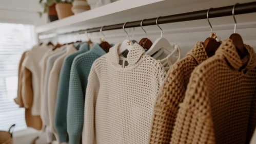 Fashion: Close-up of Clothing Rack with Sweaters in Neutral Colors
