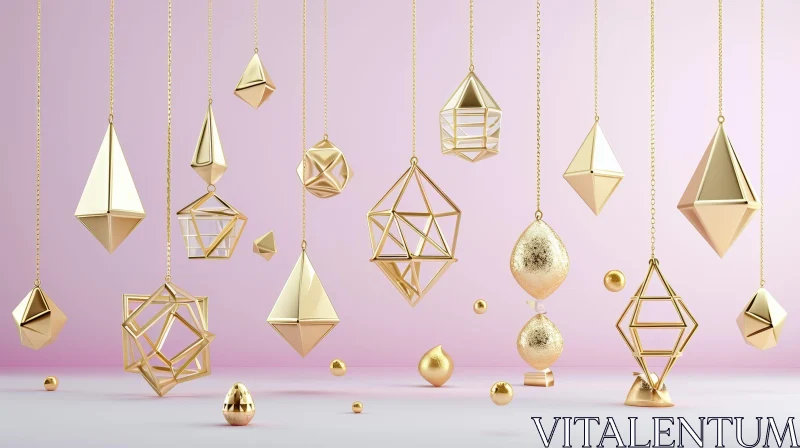 Gold Geometric Shapes Hanging from Chains on Pink Background AI Image
