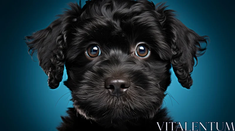Intriguing Black Puppy Portraiture with Blue Backdrop AI Image