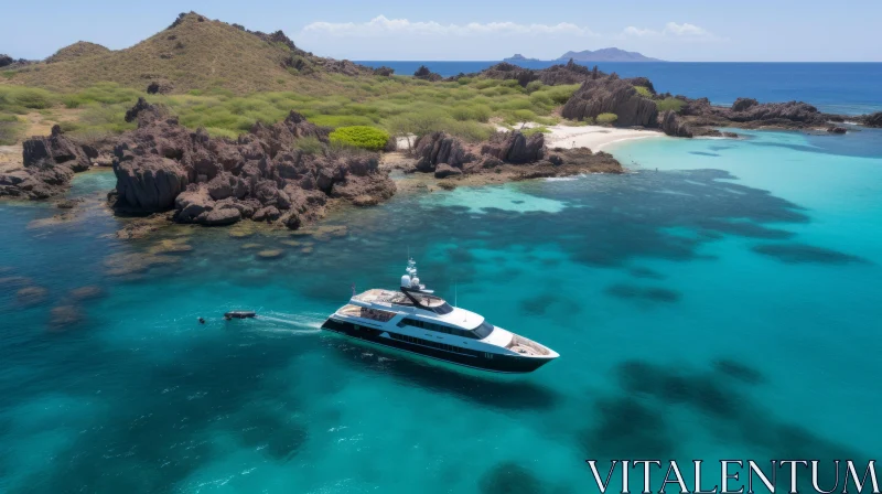 Luxury Yacht Sailing in the Ocean near a Rocky Island AI Image