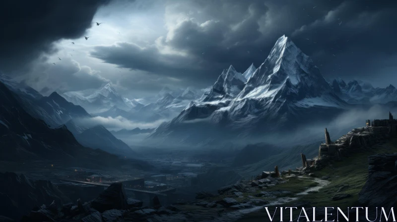 Mystical Dark World with Enigmatic Mountain - Concept Art AI Image