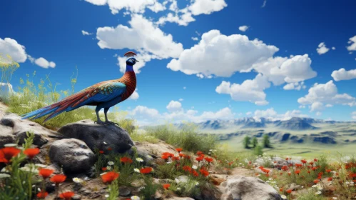 Peacock Amidst Flowers on Rocky Slope: An Intricately Detailed Portrait