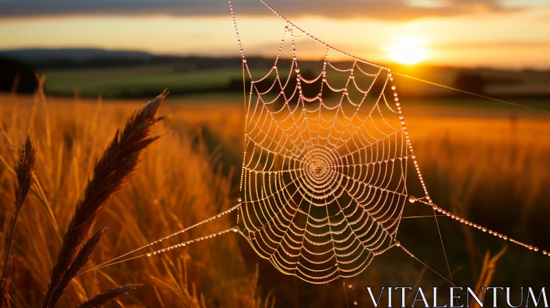 Spider Web on Wheat Field at Sunrise: A Celebration of Rural Beauty AI Image