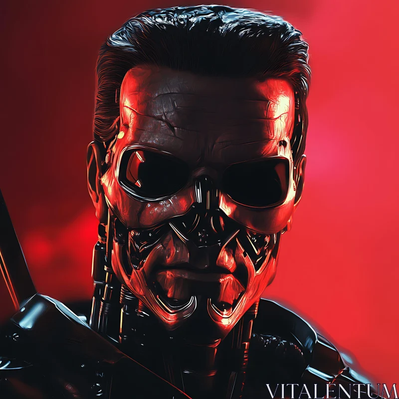 Metallic Cyborg on Red Backdrop AI Image