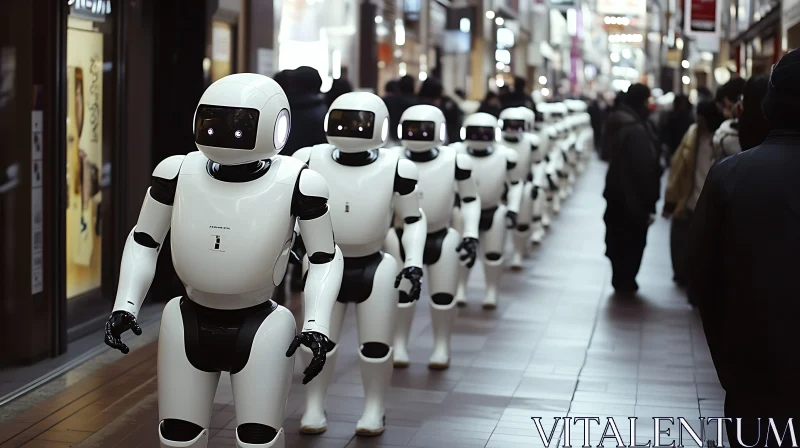 AI ART Humanoid Robots Walking on City Street