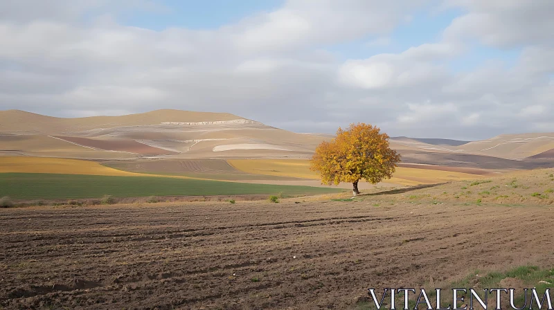 Lonely Tree in Autumn Field Landscape AI Image