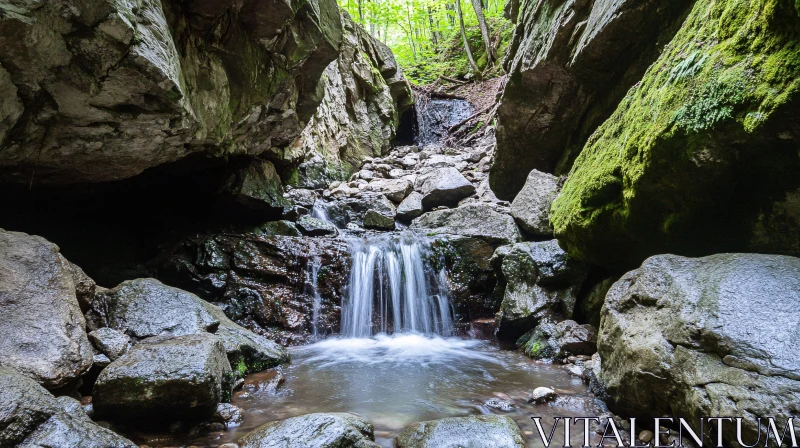 Tranquil Waterfall in a Forest Setting AI Image