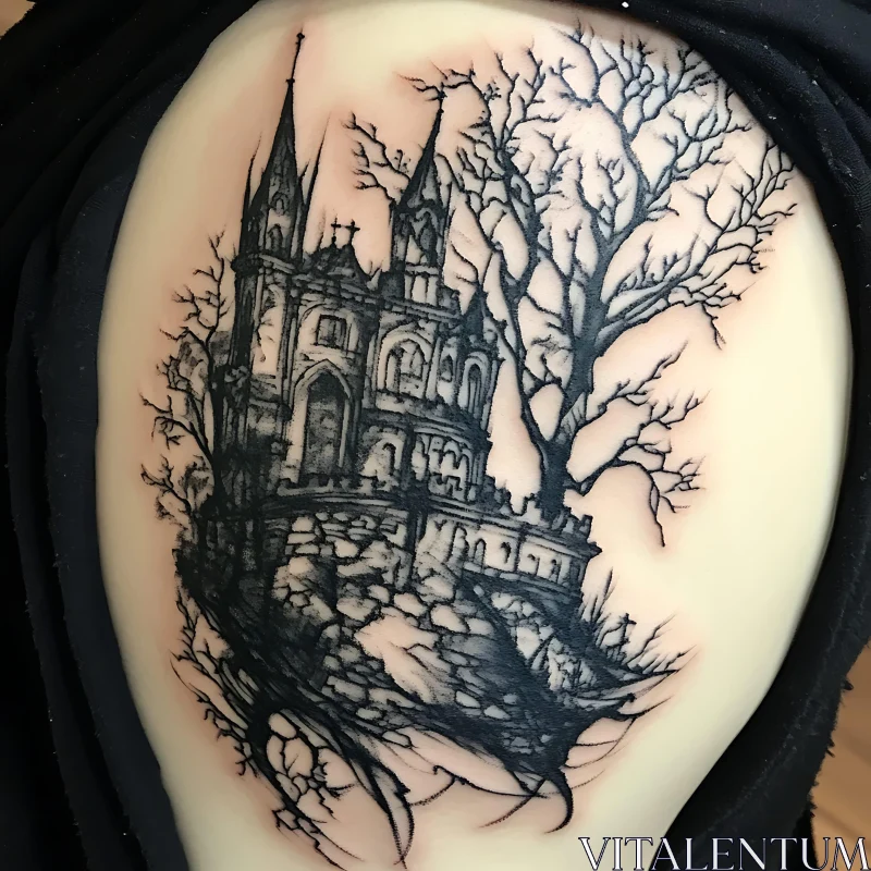 Enchanting Gothic Castle and Tree Tattoo AI Image