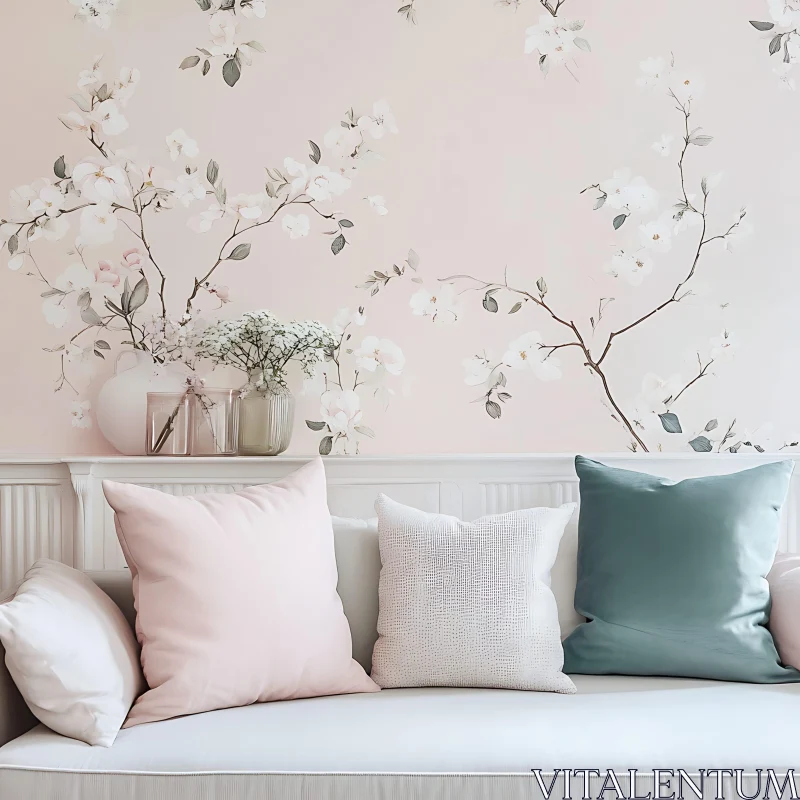 AI ART Tranquil Interior with Floral Wallpaper and Soft Cushions