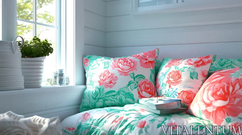 AI ART Cozy Floral Pillows in a Window Nook