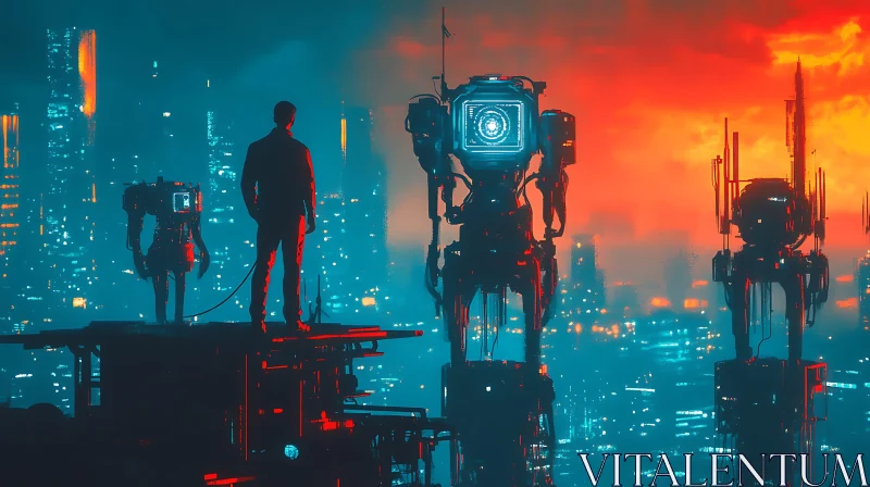 AI ART Cyberpunk City with Human and Robots